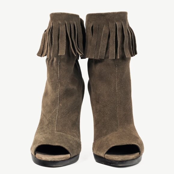 Burberry Pelling Khaki Suede Fringe Peep-Toe Booties - Picture 2 of 10